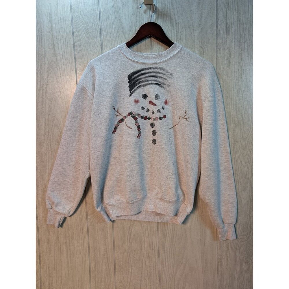 Vintage 1990s Jerzees Women’s Snowman Gray Crewneck Sweatshirt Medium Distressed